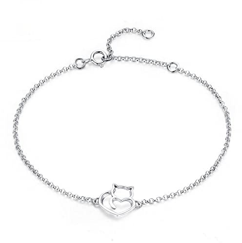 Bracelet Argent Femme,Créatif Charmant Bracelet en Argent Simple Creux Amour Coeur Chat Bracelet en Argent pour Femme Argent Amitié Bracelets Cadeaux pour Petite Amie Femme Mère