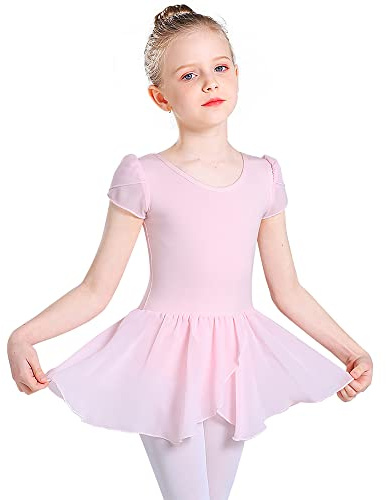 Monbessi Ballet Leotard for Girls Short Sleeve Cross Straps Ballet Dress Kids Cotton Ballet Outfit Gymnastics Leotard with Chiffon Skirt Suit for 2-11 Years (120 (110-120cm,4-5 Years), Pink)