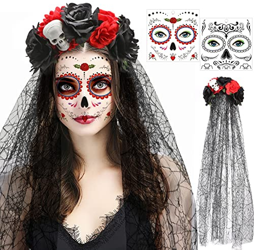 HOWAF Dia De Los Muertos Haarreif und Schleier, Tag der Toten Haarreif Rosen Mexikanische Stirnband, Halloween Gesicht Tattoos für Dia De Los Muertos Kostüm, Tag der Toten, Halloween Kostüm, A