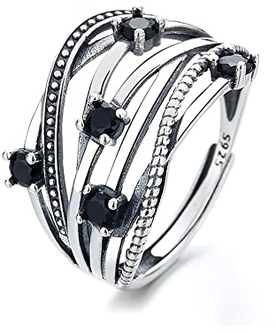 Lllunimon 925 Sterling Silber Unregelmäßiger Wrap Open Ring Trend schwarzer Zirkon offener Ring charmanter Schmuckgeschenke für Silberliebhaber