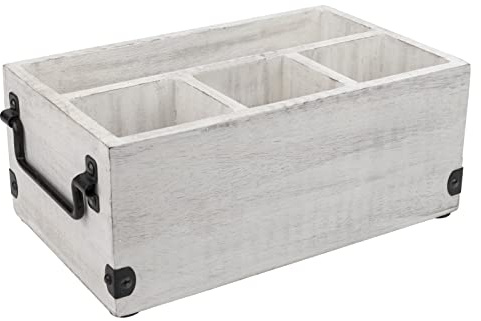 GoCraft 4 Compartment Flatware Caddy, Cutlery Holder, Silverware Condiment Organizer with Napkin Holder for Kitchen, Dining, Picnics, White Washed Mango Wood Caddy with Metal Handles