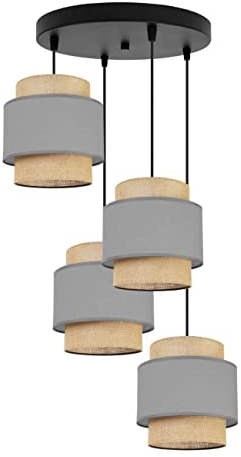 Light-Home Boho Hängelampe - Deckenlampe für Wohnzimmer Schlafzimmer und Esszimmer - Pendelleuchte aus Metall mit Lampenschirm aus Stoff - E27-4-Flammig Oval - Grau und Jute
