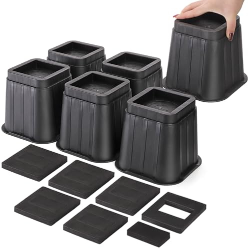 Coloch 6 Pack 5 Inch Bed Furniture Risers, Black Heavy Duty Furniture Frame Lift Square Bed Leg Elevator for Couch, Desk, Chair, Sofa, Table, Support up to 3000 Lbs