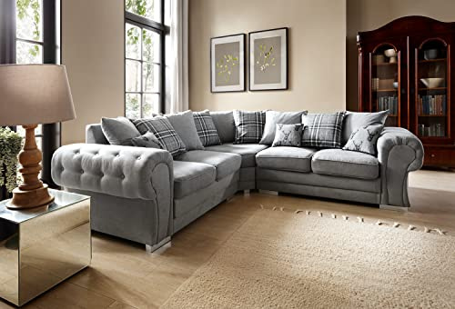 Abakus Direct Corner Sofas for Living Room - Elegant Verona L Shaped Sofa with Thick Luxury Soft Extra-Foam Filled Cushioning | Sophisticated Sofa Corner in Elegant Grey | 245Wx245Dx80H