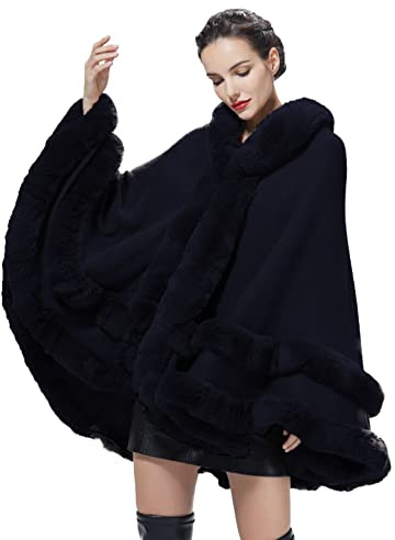 BEAUTELICATE Poncho Mantella Lavorato a Maglia con Cappuccio in Pelliccia Sintetica Scialle Stola Cappotto Cardigan Donna per Matrimonio Invernale Festa (Blu Navy, Taglia Unica)
