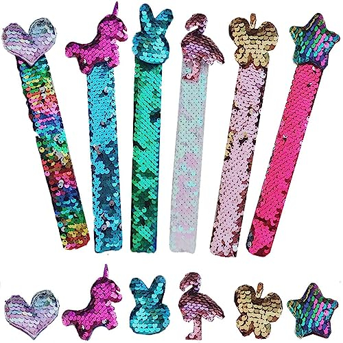 LINKLKBOY Sirena Pulsera,Magic Pulseras Palmada Lentejuela Juguetes22cm x 2.7cm,con Cómodo Forro,Pulseras Slap de Sirena Reversible con Lentejuelas Surtidas para Fiesta y Festival-6 Piezas