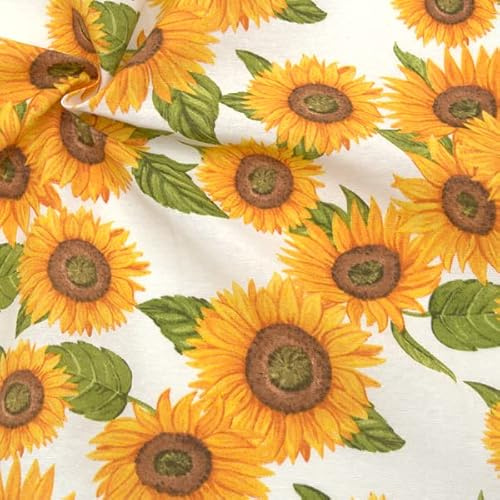 STOFFKONTOR Dekostoff Stoff Sonnenblumen XL - Meterware, Farbe Weiss - zum Nähen von Tischwäsche, Kissen, Vorhängen, Dekoartikeln uvm.