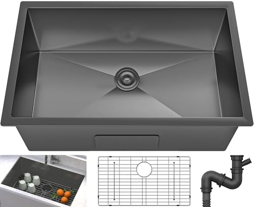 YITAHOME Black Kitchen Undermount Sink 32in Single Bowl 16 Gauge Stainless Steel Nano Gunmetal Black Sink with Accessories for Workstation, Prep Kitchen, Bar 32 x 19 x 10in