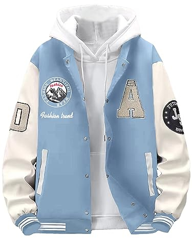 SHENHE Men's Color Block Streetwear Bomer Baseball Jacket Letter Print Varsity Coat Dusty Blue L