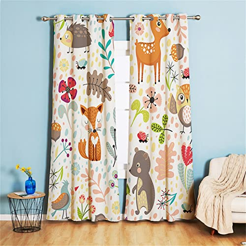 Koudi Cortinas opacas para habitación infantil, animales, búhos, flores, cortinas con ojales para habitación de niña, habitación infantil, habitación de bebé, 160 x 107 cm (alto x ancho)