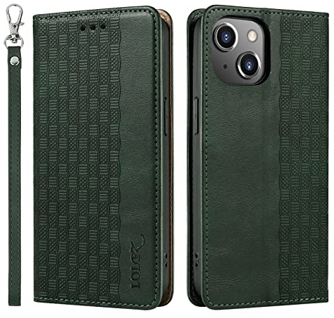 LOLFZ Case for iPhone 15, Leather Flip Wallet Case Card Slots Kickstand Wrist Strap Protective Magnetic Phone Case Cover for Apple iPhone 15 - Green