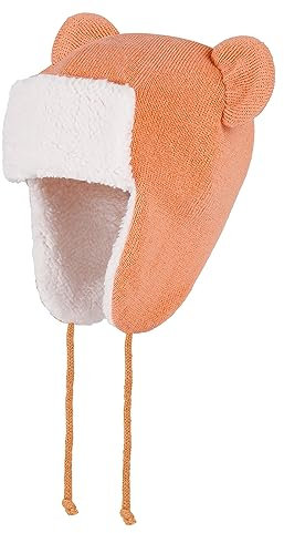 LACOFIA Baby Wintermütze Kleinkind Mädchen Earflap Beanie Kinder Warme Fleece Gefüttert Bär Hut Strickmützen Trappermütze mit 2 Öhrchen Orange 2-4 Jahre L