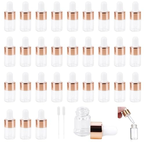 RUCUDIM Mini Pipettenflasche 30 Stück 2ml Transparente Glasflasche mit Tropfpipette, Tropfflasche Glasflasche für Ätherisches Öl Aromatherapie Massage Nagelpflegeöl (Rose Gold)