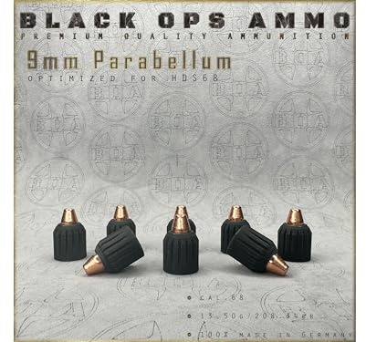 Black Ops Ammo 9mm Parabellum Cal.68 – Proyectiles de precisión compatibles con HDS68 – 8 + 2 proyectiles Extra – Alto Rendimiento para Entrenamiento y recreación, Fabricado en Alemania