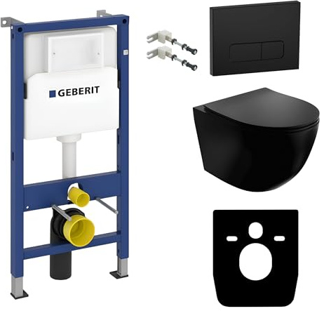 Lavita Duofix Basic Sinto Ensemble WC encastré avec élément mural et abattant de WC sans bord + panneau de commande Delta 25 - Bouton noir - Kit complet encastré