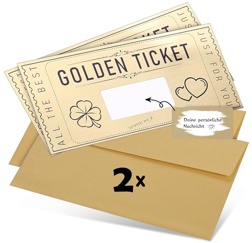 DasWas 2x Tarjeta Regalo Rasca y Gana - Golden Ticket - Tarjetas personalizadas para Rellenar con Adhesivo Rasca y Gana - Regalo Personalizado en un Sobre Brillante