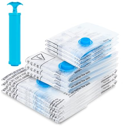 aonova Vacuum Storage Bags, 9-Pack Vacuum Compression Zipper Storage Bags Reusable for Travel and Home with Airtight Valve and Hand Pump - Mix 3S+3M+3L