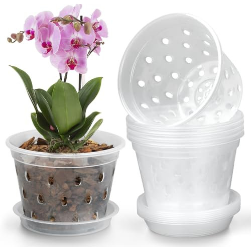 YOPIKUU Maceta para orquídeas, 3, 4, 5, 6 pulgadas, paquete de 8 macetas de orquídeas con agujeros y platillos de plástico transparente para plantas de interior y exterior, maceta ranurada para