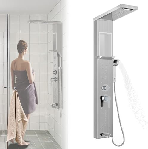 JNGLGO Edelstahl Duschpaneel 5-Funktion Regendusche Duschsystem ohne Armatur Wandmontage Duschsäule Duschset mit Handbrause, Regendusche, Massagedusche und Wasserfalldusche für Badezimmer, Silber