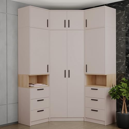 Marmex Grant Set G14 C Eckschrank 143x235x143 cm, 2 x Bücherregal, Eckgarderobe mit Kleiderstangen und Einlegeböden für Schlafzimmer, Eckkleiderschrank, geräumiger Eckschrank - Cashmere