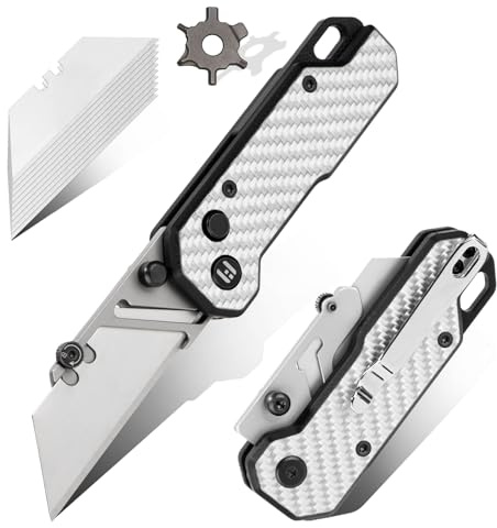 Hightron Vectron Klappmesser, 6CM SK2-Klinge (inkl.10 Ersatzklingen) G10& Kohlefaser-Griff, EDC-Taschenmesser mit Schnellwechselsystem für Klingen, zum Öffnen von Kartons Silber-Weiß