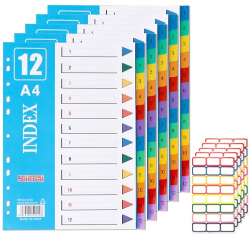 OWill 5er Set 12-teiliges Register/Trennblätter aus Buntem Stabilem PP für DIN A4 Praktischem Deckblatt aus Stabilem Papier zum Beschriften Trenn-Blätter für die Ordner-Organisation im Büro