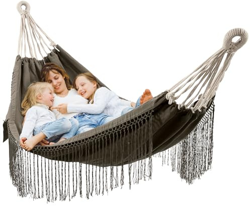 HOMELEVEL Hamaca Colgante de Macramé - Hamacas Transpirables 220 x 115 cm de Algodón - para Jardin Arbol Terraza Camping Exterior e Interior - con Bolsillo Lateral - hasta 120 kg