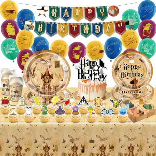 Party Decorations Bolloon Set- Wizard Birthday Tableware Teller Bolloons Plates Cups Napkins Tablecloth Happy Birthday Banner Themed Party Supplies Kids Tableware Decor for Kids Baby Shower Deco