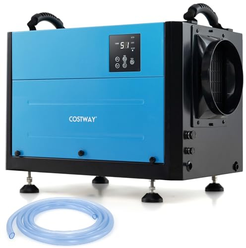 COSTWAY 50L/Day Commercial Dehumidifier, Industrial Compressor Dehumidifiers with Auto/Continuously Dry/Sleep Mode, 24H Timer, Auto Defrost, Memory Starting, LED Display & Drain Hose (Blue, 50L/Day)