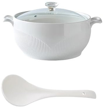 Zuppiera in porcellana con coperchio in vetro e cucchiaio, elegante ciotola bianca per tavolo da cucina, ideale per zuppe, stufati e casseruole ed elegante