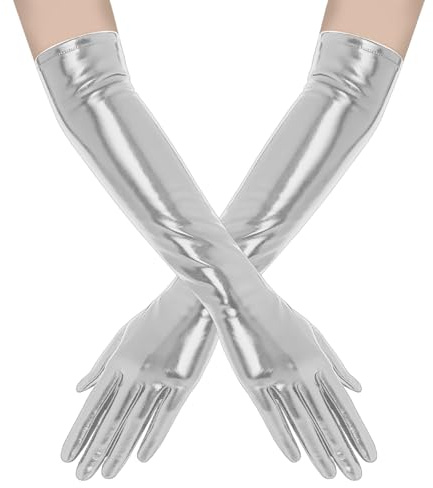 zavehony Lange Handschuhe Damen,Lederhandschuhe Damen,Abendhandschuhe,Women's Faux Leather Adult Long Gloves,Lange Handschuhe Silber,Halloween Kostüm Cosplay