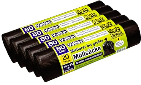 Vallian - Müllsäcke 80 Liter - Größe Abmessungen 65 x 85 cm - 20 Beutel pro Rolle - reißfest, stark und flexibel - Packung mit 5 Rollen (100 Beutel)