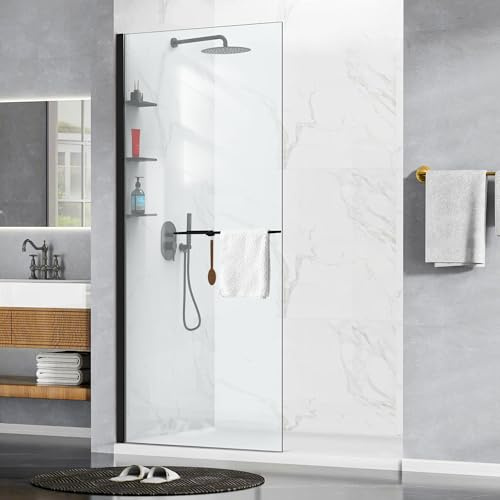 Shower Glass Door Panel 34W*76H, Fixed Frameless 5/16(8mm) Thick Clear Tempered Glass Door Screen for Walk-in Bathroom, with Matte Black Shelves