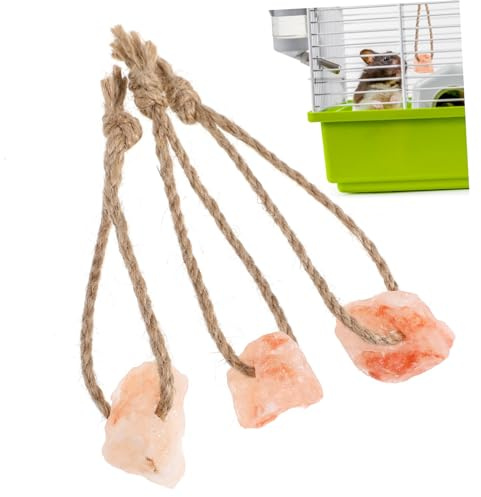 HEMOTON Nährstoffreiches Kauspielzeug aus Mineral Salzteinen und Seil 3 Stück Platzsparend für Eichhörnchen und Kaninchen mit Lecksteinhalter Pferd