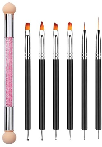 YPYMOD 7 Pcs Pinceau Nail Art Ongles, 6 Pcs Double Extrémité Nail Art Dotting Pen, 1 Pcs Nail Art Brosse Éponge, Outils de Manucure pour Salon DIY à la Maison Fem(Noir）