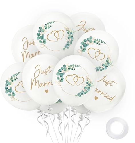 30 Stück Luftballons Hochzeit Deko, Just Married Ballon, 12 Zoll Weiße Hochzeitsballons mit Herzen Eukalyptus, Hochzeits Dekoration für Standesamt Hochzeitsdeko Weiß
