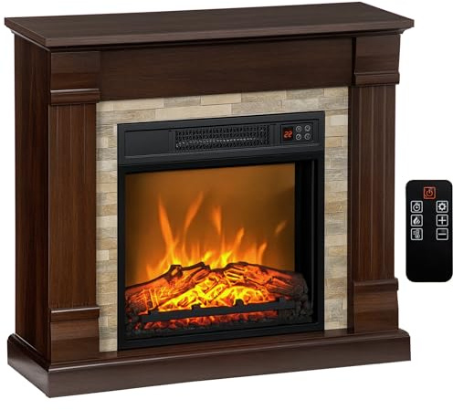 HOMCOM Cheminée électrique, Effet Flamme, 1800W, luminosité et température réglables, télécommande, minuterie, cheminée décorative, sécurité renforcée, 80 x 21,6 x 67,8 cm, Marron