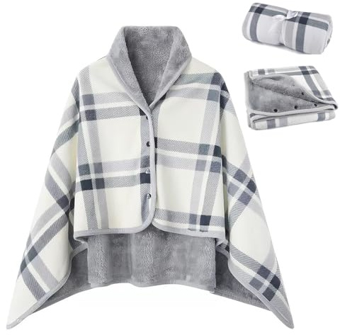 OUYULAI Damen Poncho Fleece Tragbare Decke, Karierte Schoßdecke Bequemer Poncho Plüschdecken Überwurf Schal Wickelbezug Umhang mit Knöpfen, Ein tolles Geschenk für Mama perfekt für Bett Sofa und Büro