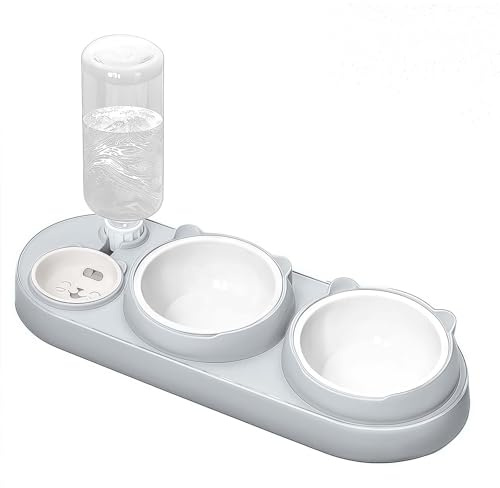 Marchul 3-i-1 keramisk kattskål, 15° sluttande design, grå, för inomhuskatter, små hundar och medelstora hundar