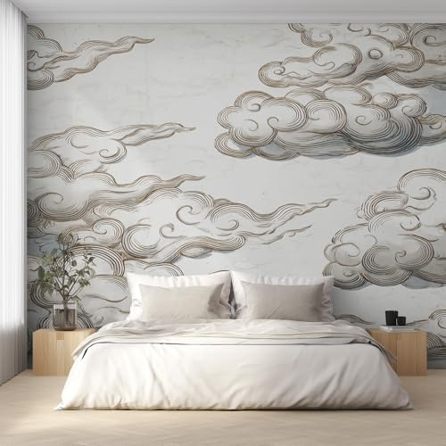 Generisch Vlies Fototapete Wolken 350x256 cm, Tapete Grau Weiß Tapeten Vliestapete Wohnzimmer Asiatisch Japanisch Schlafzimmer Wandtapete Ornamente Mustertapete W&68