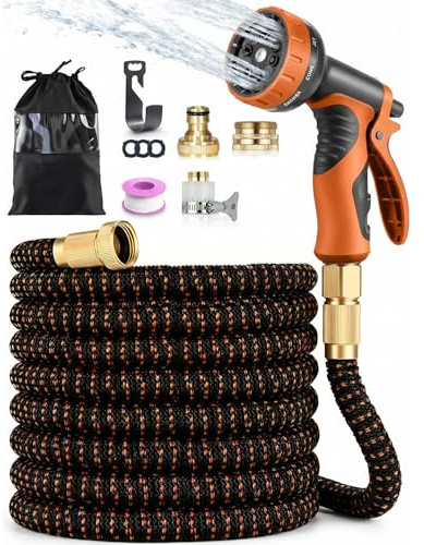 MOXTOYU Flexibler Gartenschlauch 15m/50FT, Erweiterbarer Gartenschlauch mit 10-Funktions-Düse, 4 lagiger Latexkern & 3750D-Gewebe, 3/4 und 1/2 Zoll Messinganschlüssen, für Gartenarbeit, Waschen
