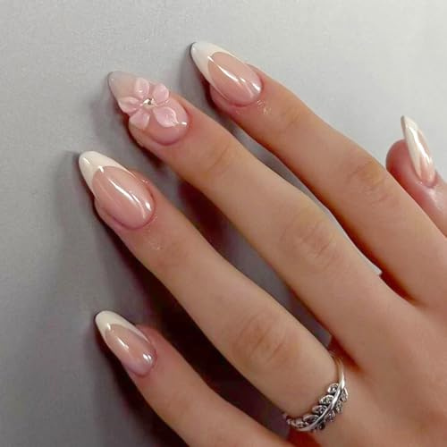 Ceboic 24 Pièces Français Blanc Faux Ongles à Presser, Courts Amande Press on Nails avec 3D Fleurs, Nude Acrylique Ongles à Coller, Réutilisables Couverture Complète Capsule Ongles pour Femmes Filles