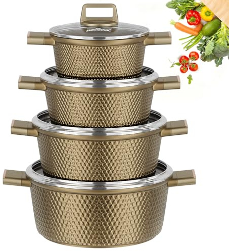 HOMELUX Grytset induktion 8 delar, 20/24/28/32 cm kastrullset med non-stick-beläggning, kastruller induktion för alla typer av spisar, PTFE/PFOA-fri, fasetutseende och brun