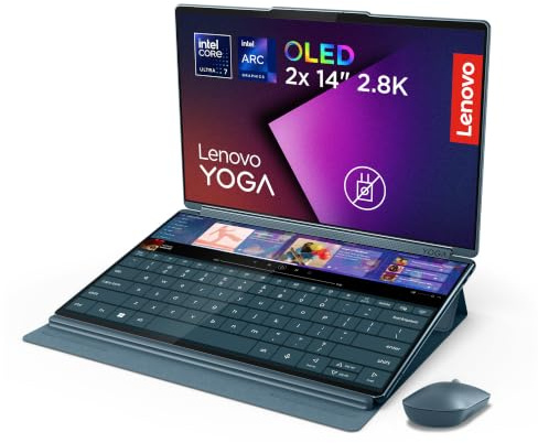 Lenovo Yoga Book 9i 2-in-1 AI PC Doppio Display 14 2.8K OLED Touch, Intel Core Ultra 7 255H, 32GB RAM, 1TB SSD, Intel Arc 140T, WiFi 7, Windows 11 Home, Yoga Pen 3 + Slim Mouse + Folio Stand inclusi