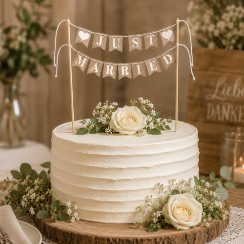 Gleevio Just Married Tortendeko Hochzeit Cake Topper Papier Wimpelkette | Rustikaler Hochzeitstorte Deko Banner,Just Married Deko Girlande Kuchendeko Hochzeit für Torte,Sweet Table,Verlobung,Antrag