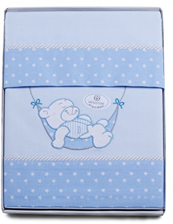 PEKITAS Ensemble de 3 pièces de linge fin pour Mini-berceau 50X80 CM 100% coton FABRIQUÉ AU PORTUGAL (taie d'oreiller + drap + bas) (Petit ours - bleu)