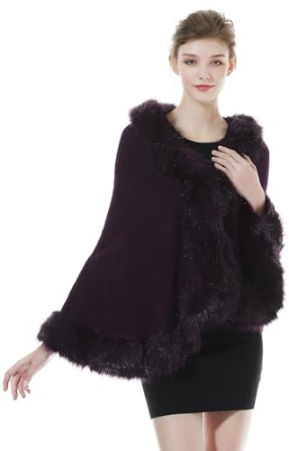 BEAUTELICATE Châle Tricoté Étole en Fausse Fourrure Cape Poncho Chaud De Femme Mariage Hiver Sur Robe de Soirée Mariée(Taille Unique, Motif Rose & Fausse Fourrure - Violet)