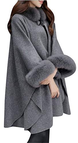 MISSMAO Hooded Faux-Pelz-Mantel Long Strickjacke Lange Ärmel Dicke Wollmischung Graben Outwear Cape Poncho-Mantel-Jacke