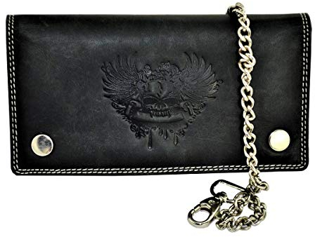 flevado Wild Büffel Leder Geldbörse Scull Totenkopf Biker Wildleder Brieftasche mit Kette (Schwarz)