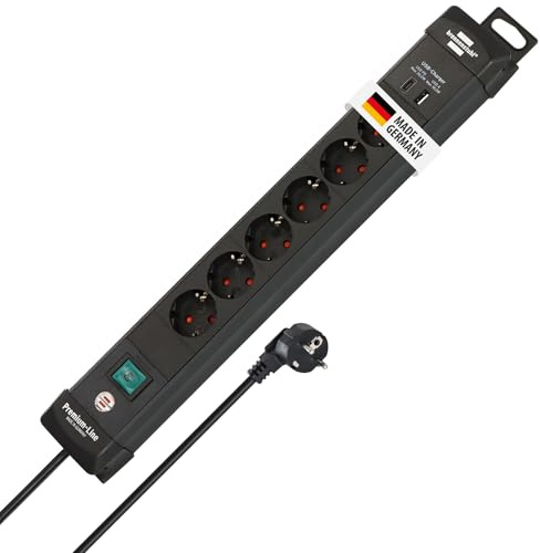 Brennenstuhl Premium-Line Steckdosenleiste 6-Fach mit USB, 3m | Mehrfachsteckdose mit Schalter, mit Aufhänge-Vorrichtung, 2-fach USB 3,10A, Steckdosenleiste Wandmontage, Made in Germany